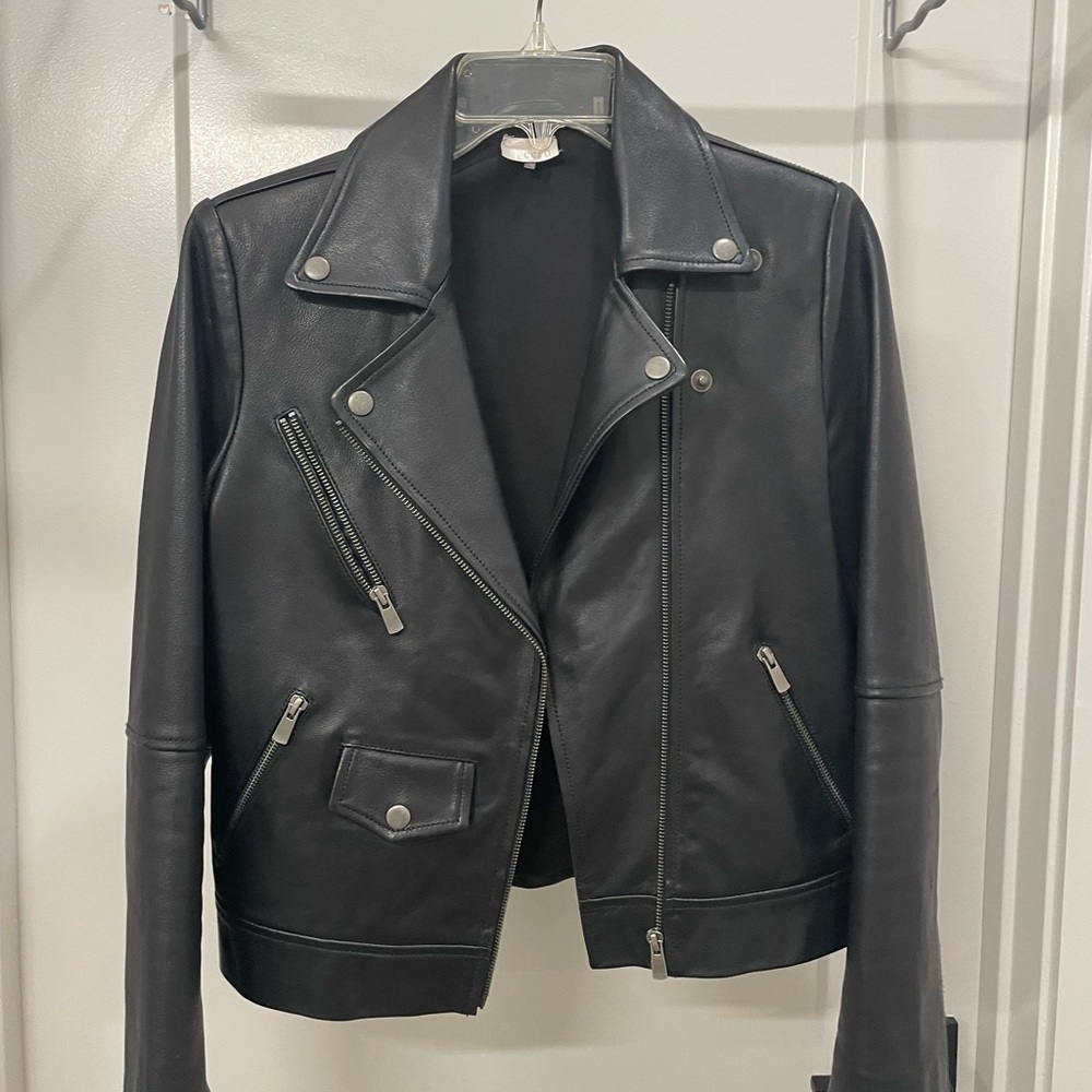 Ecru Black Leather Biker Jacket